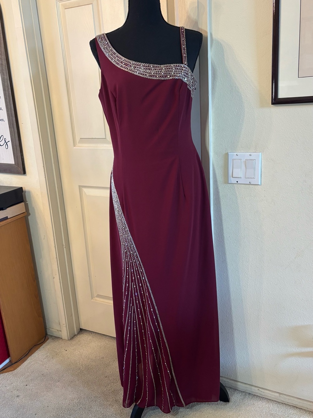 Aspeed Burgundy Evening Dress with Silver Crystal Accents